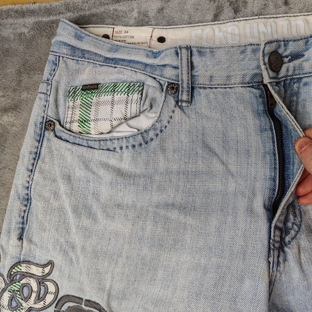 Ecko Unltd Jeans Mens 34x32 Blue Baggy Loose Fit Y2K Skater Embroidered Wide Leg - Picture 9 of 16